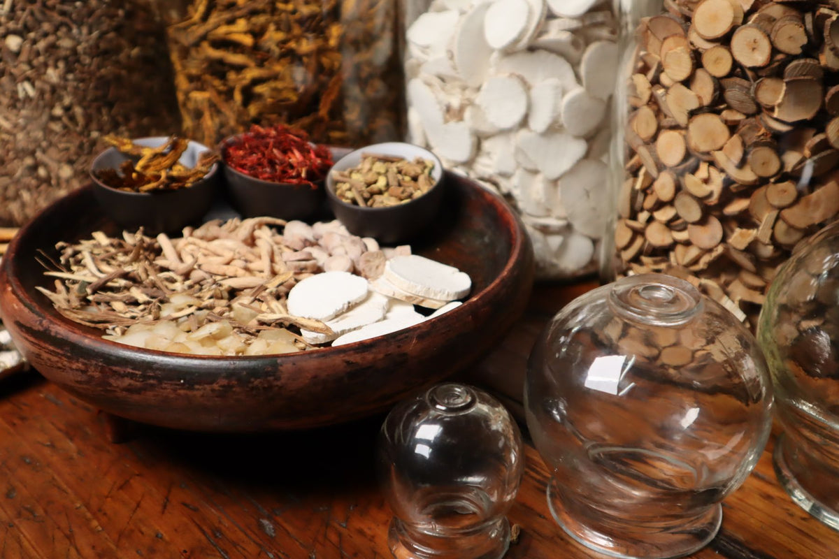 Dried herbs and roots in a traditional apothecary